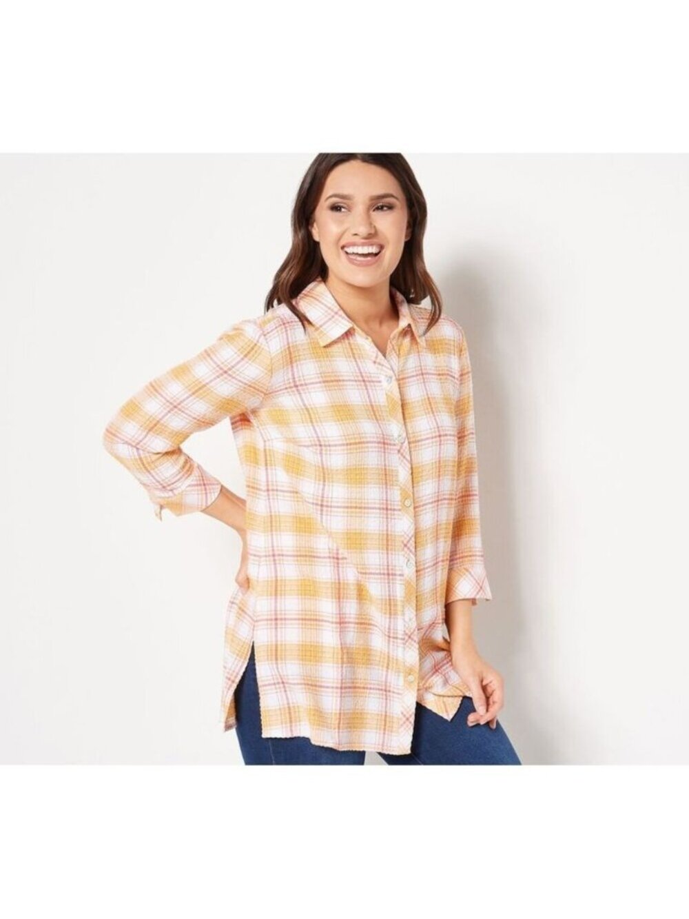 Susan Graver Shirt Tunic sz XLP Button Front Yarn Dyed Plaid Coral A501368